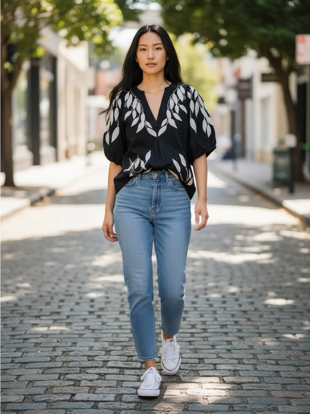 Anthropologie Black Blouse with White Leaf Embroidery - Picture 12 of 12